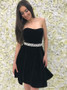  Above Knee Black Velvet A-Line Strapless Homecoming Dress with Pearls