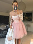 Pink Short A-Line Round Neck Homecoming Dress with Appliques Sleeves