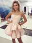 Pink Satin Round Neck Tiered Short Homecoming Dress with Lace
