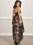 V-Neck Low-Cut High Low Black Lace Homecoming Dress with Beading