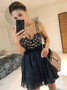 A-Line Spaghetti Straps Black Chiffon Homecoming Dress with Appliques