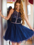 Navy Blue Tulle A-Line Round Neck Homecoming Dress with Beading