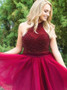 Tulle Short A-Line Jewel Burgundy Homecoming Dress with Beading