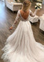 Cheap 2019 Tulle V-neck Beading Long Sleeve A-line Wedding Dress
