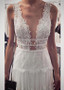 Tulle V-neck Long A-line Wedding Dresses With Lace Appliques