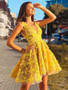 Cheap 2019 Unique V Neck Lace Appliques Yellow Short Homecoming Dresses