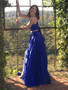 Royal Blue/Yellow A Line V Neck Two Pieces Backless Prom Dresses with High Slit