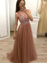 Shop 2019 Cross Back Sequins Beading Champagne A Line V Neck Tulle Long Prom Dresses
