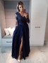 Shop 2019 Lace Long Navy Blue Long Sleeves Beaded Prom Dresses with High Slit