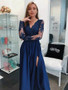 Shop 2019 Lace Long Navy Blue Long Sleeves Beaded Prom Dresses with High Slit
