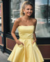 Lovely Yellow Satin Strapless Short Homecoming Dresses with Pockets