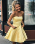 Lovely Yellow Satin Strapless Short Homecoming Dresses with Pockets
