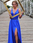 Blue A Line V Neck High Split Satin Long Prom Dress