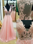 Cheap 2019 Sleeveless V-neck Floor-Length Applique Princess Tulle Pink Prom Dresses