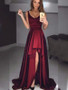 A-Line Princess Ruffles Straps Sleeveless Asymmetrical Satin Burgundy Prom Dresses