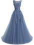Blue Lace Appliques Scoop Collar Tulle A-Line Prom Dresses