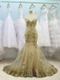 Cheap 2019 Gold Trumpet Mermaid Sweetheart Sequin Tulle Prom Dress