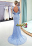 Beading Blue Tulle Scoop Neckline Mermaid Evening Dress 