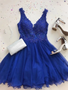 Shop 2019 A Line V Neck Beading Lace Royal Blue Short Homecoming Dress