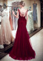 Maroon Tulle Bateau Long Mermaid Evening Dress With Beadings