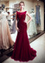 Maroon Tulle Bateau Long Mermaid Evening Dress With Beadings