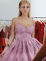 Shop Light Purple A-Line Lavender Spaghetti Straps Lace Beading Short Mini Homecoming Dress