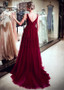 Burgundy Tulle V-neck Beading  A-line Evening Dress 