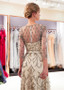 Champagne Tulle Bateau Long A-line Evening  Prom Dress