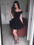 Cute Off Shoulder Lace Black Short  Homecoming Dress