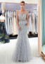 Silver Tulle Scoop Mermaid Evening Dress With Beadings & Feathers