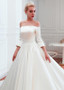 Shop Cheap 3/4 Sleeves Off-The-Shoulder Ball Gown Satin Wedding Dress