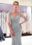 Tulle Jewel Neckline Silver Cap Sleeves Mermaid Formal Dress 
