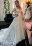 Shop Cheap Beading Lace Appliques Tulle V-neck Long Sleeves A-line Wedding Dress