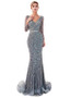 Tulle V-neck Beading Silver Long Sleeves Mermaid Formal Dress