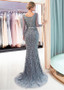 Tulle V-neck Beading Silver Long Sleeves Mermaid Formal Dress