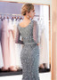 Tulle V-neck Beading Silver Long Sleeves Mermaid Formal Dress