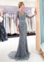 Tulle V-neck Beading Silver Long Sleeves Mermaid Formal Dress