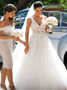 Shop Cheap Sexy A-Line V-Neck Sweep Train Tulle Wedding Dress with Appliques