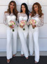 Off the Shoulder Lace Patchwork White Bridesmaid Jumpsuit