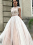 Shop Cheap A-Line Round Neck Open Back Tulle Wedding Dress with Appliques Beading