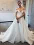 Shop Cheap A-Line Off-the-Shoulder Sweep Train Lace Wedding Dress