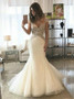 Shop Cheap Mermaid Scalloped-Neck Cap Sleeves Sweep Train Tulle Wedding Dress with Lace