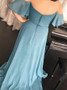 Ruffles Long Off-the-Should Ruched Blue Chiffon Bridesmaid Dress