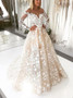 Cheap Champagne A-Line Illusion Bateau Long Sleeves Backless Ivory Lace Wedding Dress