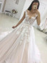 Cheap Backless A-Line Illusion Bateau Cap Sleeves Court Train Tulle Appliques Wedding Dress
