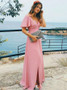 V-Neck Short Sleeves Pink Chiffon  Split Long Bridesmaid Dress