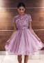 Shop Cheap Tulle Bateau Lilac Short Sleeves Knee-length A-line Homecoming Dress