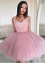 Shop Cheap Pink  Tulle V-neck Appliques Short Ball Gown Homecoming Dress under 100