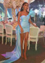 Shop Cheap High Low Satin One Shoulder Blue Short Sheath Column Cocktail Dress