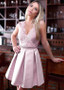 Shop Cheap Satin V-neck Pink Short Homecoming Dress With Lace Appliques